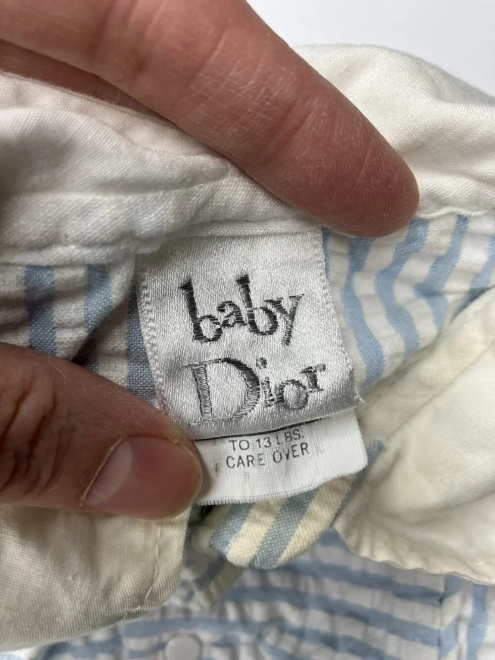 Vintage Baby Dior Seersucker Romper One Piece Blue White Stripes Train READ